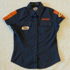Harley Davidson Racing Black Orange Short Sleeve Shirt Cotton Blend Womens Small